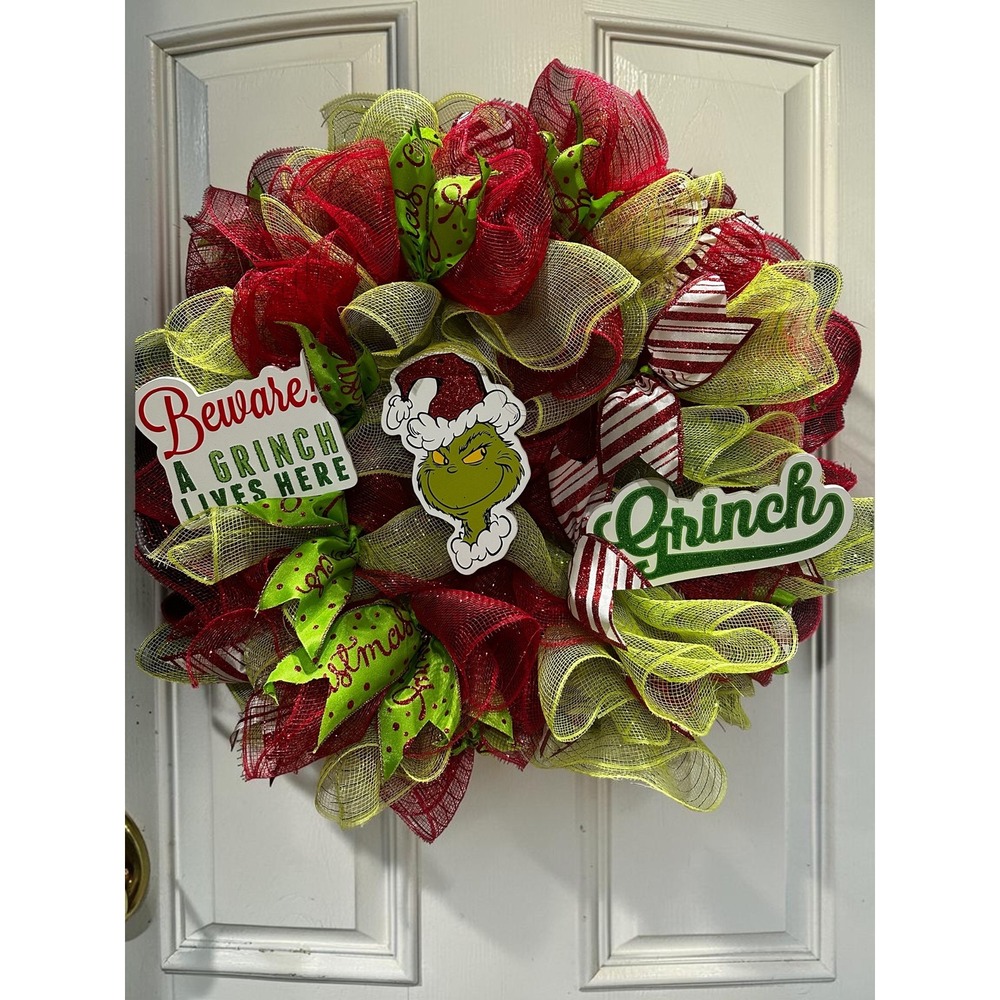 Handmade Grinch Christmas Deco Mesh Wreath Red Green Holiday Door Decor 24 Inch
